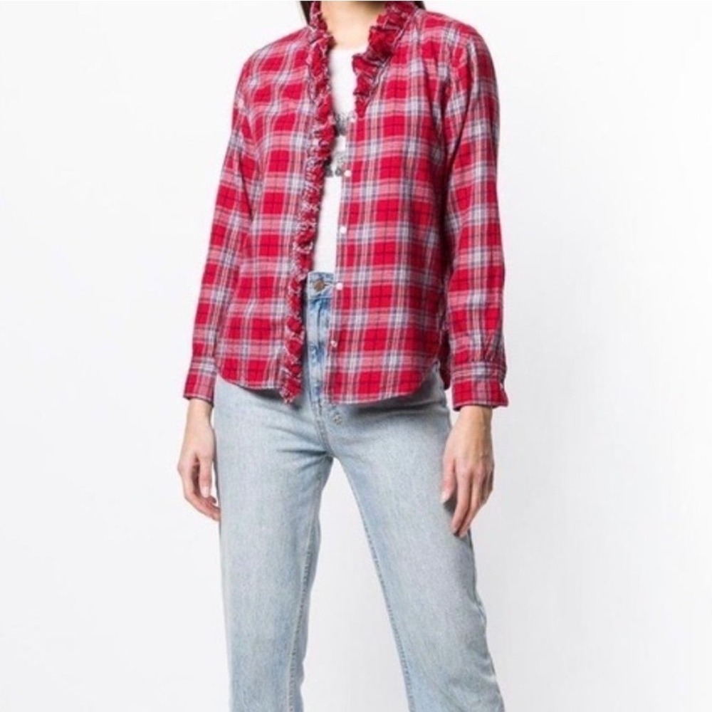 Isabel Marant Etoile Dawendy Plaid Ruffle‎ Trim Button Down Shirt Red - 40
